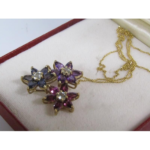 1815 - GOLD AMETHYST SET FLORAL PENDANT AND CHAIN