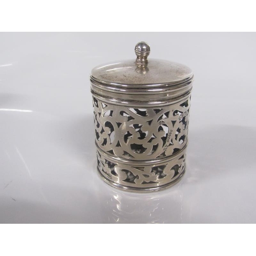 1822 - SILVER PIERCED CYLINDRICAL POT AND COVER AND ONE CAPSTAN SILVER PEPPER MILL - 9cms H