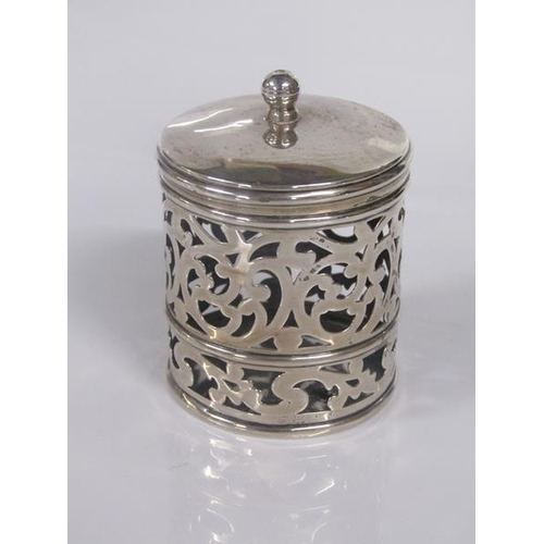 1822 - SILVER PIERCED CYLINDRICAL POT AND COVER AND ONE CAPSTAN SILVER PEPPER MILL - 9cms H