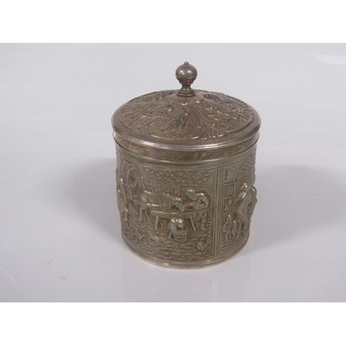 1824 - SILVER BACKED HAND BRUSH TOGETHER WITH CONTINENTAL SILVER EMBOSSED CYLINDRICAL BOX AND COVER - 10cms... 