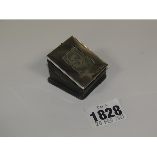 1828 - SILVER AND LEATHER STAMP BOX - 4.5cms W