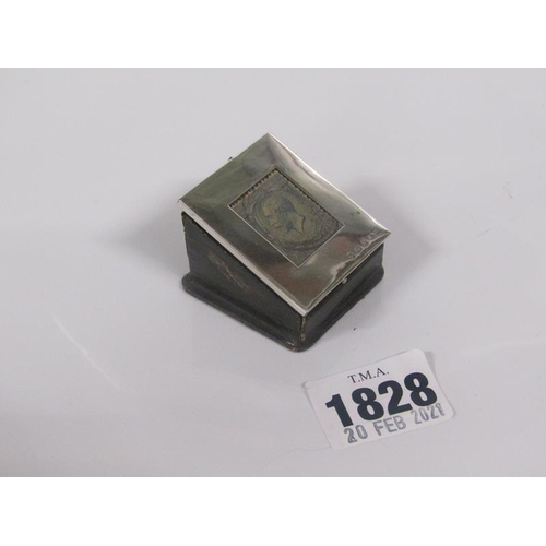 1828 - SILVER AND LEATHER STAMP BOX - 4.5cms W