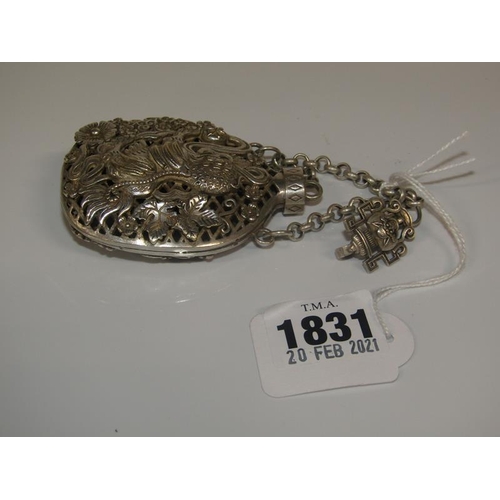 1831 - CHINESE SILVER PIERCED POT POURRI PURSE WITH CHAIN AND BELT HOOK 8cms w, 2.8oz