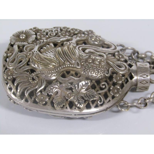 1831 - CHINESE SILVER PIERCED POT POURRI PURSE WITH CHAIN AND BELT HOOK 8cms w, 2.8oz