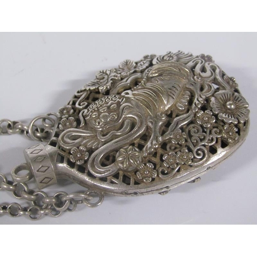 1831 - CHINESE SILVER PIERCED POT POURRI PURSE WITH CHAIN AND BELT HOOK 8cms w, 2.8oz