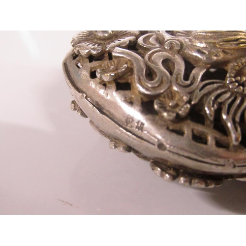 1831 - CHINESE SILVER PIERCED POT POURRI PURSE WITH CHAIN AND BELT HOOK 8cms w, 2.8oz