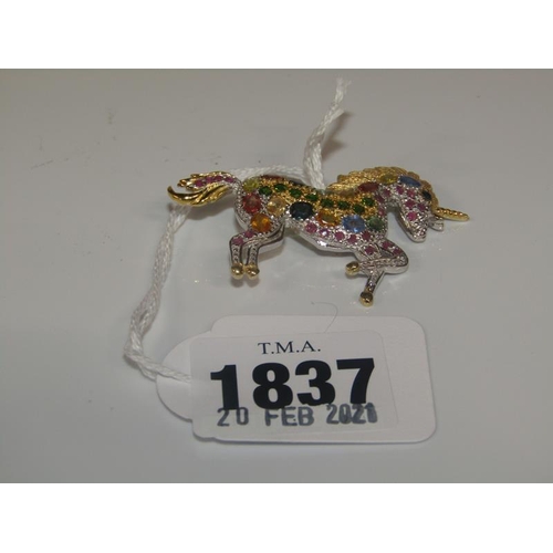 1837 - 14ct GOLD ON SILVER SAPPHIRE AND TOURMALINE SET BROOCH  IN THE FORM OF A UNICORN