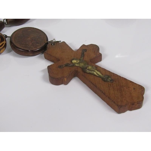 1861 - LOURDES WOODEN BEADWORK CHAIN WITH CRUCIFIX - 220cms L