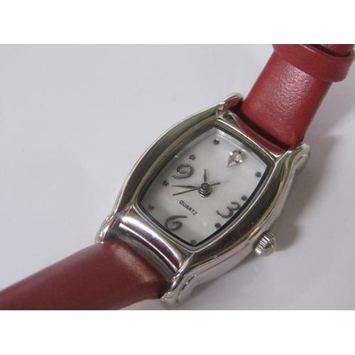 1862 - SIX LADIES GILT METAL WATCHES AND ONE WITH RED LEATHER STRAP