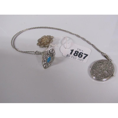 1867 - SILVER LOCKET AND CHAIN TOGETHER WITH A FLORAL BROOCH AND TURQUOISE SET RING - 29g