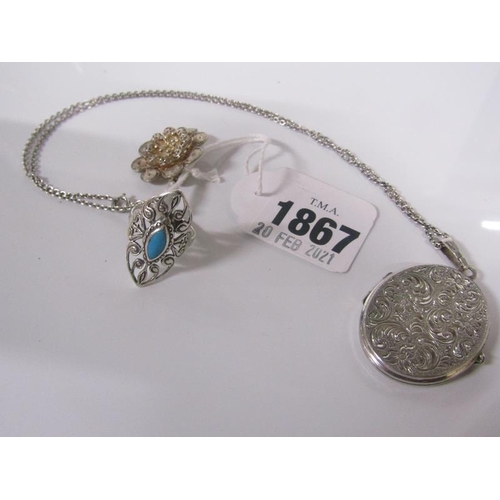 1867 - SILVER LOCKET AND CHAIN TOGETHER WITH A FLORAL BROOCH AND TURQUOISE SET RING - 29g