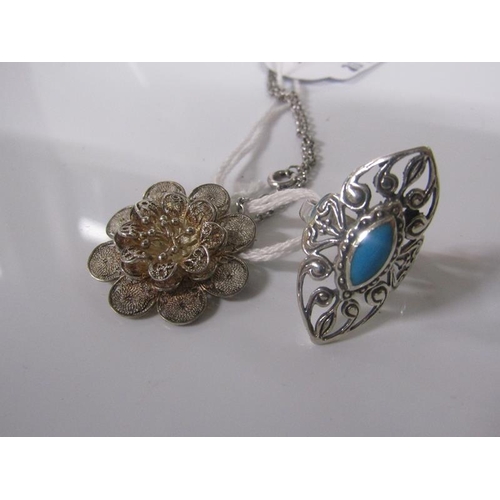 1867 - SILVER LOCKET AND CHAIN TOGETHER WITH A FLORAL BROOCH AND TURQUOISE SET RING - 29g