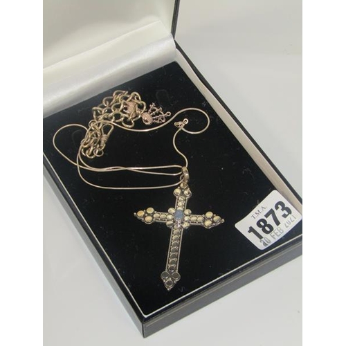 1873 - SILVER CROSS AND CHAIN, A CHARM BRACELET AND A STONE SET BAR BROOCH