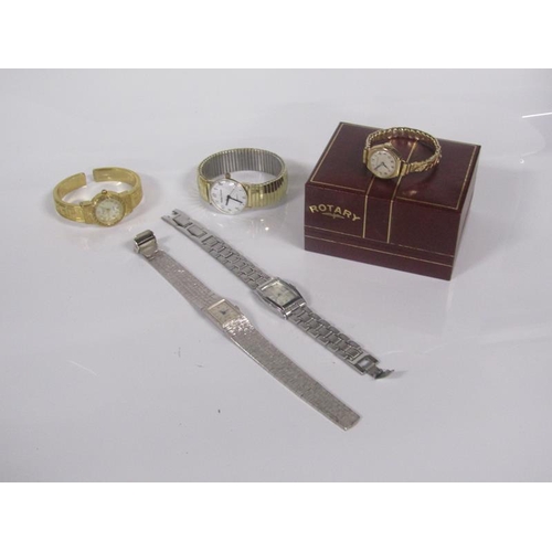 1876 - FIVE LADIES GILT AND WHITE METAL WATCHES TOGETHER WITH A ROTARY QUARTZ WITH ORIGINAL BOX