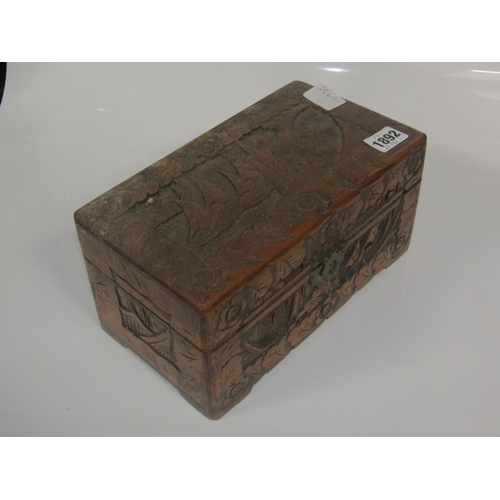 1892 - CARVED WOODEN BOX WITH MISC ITEMS THEREIN INCL. RUSSIAN PAPIER MACHE LACQUERED BOX