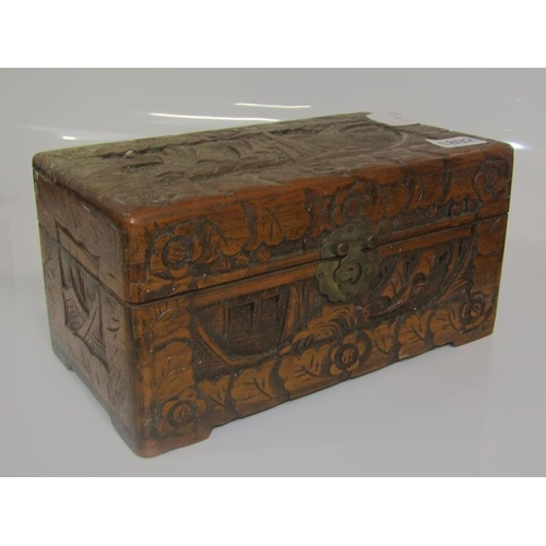 1892 - CARVED WOODEN BOX WITH MISC ITEMS THEREIN INCL. RUSSIAN PAPIER MACHE LACQUERED BOX