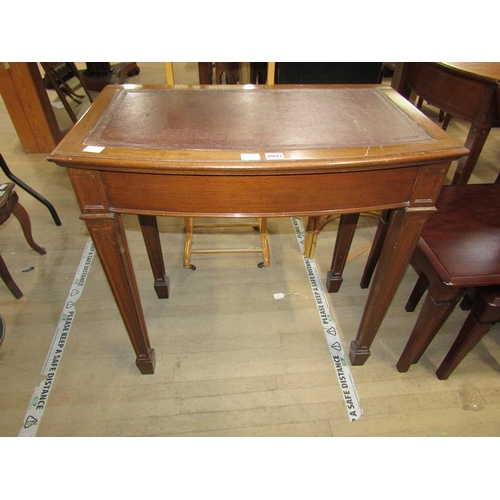 2091 - MAHOGANY SIDE TABLE WITH TOOLED LEATHER INSERT ON STRAIGHT FLUTED LEGS WITH SPLAYED FEET 76 x 77cms