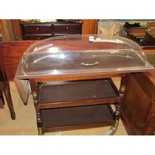 2099 - PATISSERIE TROLLEY WITH DOMED CLEAR PERSPEX COVER HAVING TWO SHELVES ON CASTERS 117 cms EXTENDED x 9... 