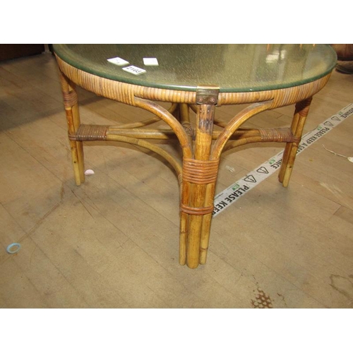 2103 - WICKER FRAMED CIRCULAR FROSTED GLASS TABLE 56 x 38cms