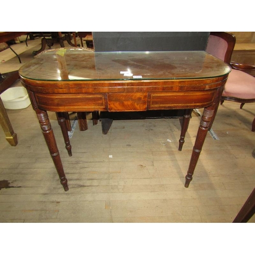 2109 - EARLY 19c FIGURED MAHOGANY FOLD OVER CARD TABLE CROSS BANDED AND LINE INLAID WITH RING TURNED TAPERI... 