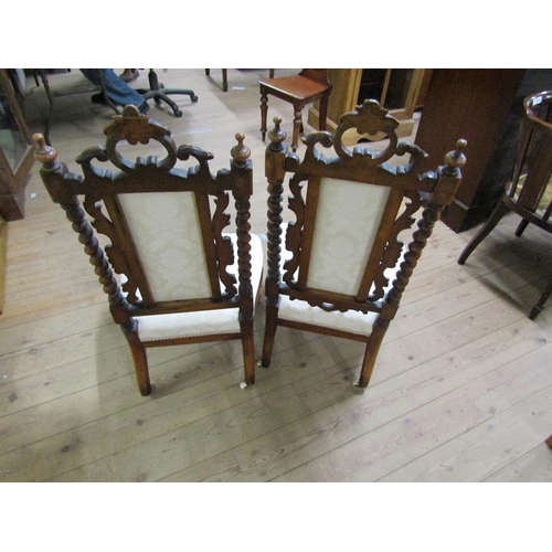 2112 - PAIR OF LATE 19c CARVED AND TURNED WALNUT FRAMED UPHOLSTERED SIDE CHAIRS 102 cms H