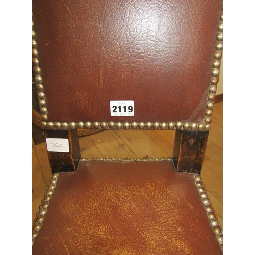 2119 - 19c OAK FRAMED STUDDED LEATHER UPHOLSTERED CHILDS CORRECTION CHAIR 92cms H