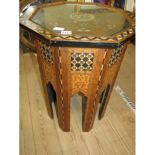 2123 - PERSIAN MOTHER OF PEARL AND EBONY INLAID MARQUETRY OCTAGONAL TABLE ON ARCHED FRAME 47 X 52cms