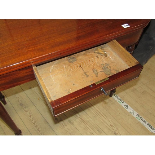 2126 - 19c MAHOGANY FOLD OVER TEA TABLE WITH ROUNDED CORNERS HAVING ONE FRIEZE DRAWER AND SUPPORTED ON CIRC... 