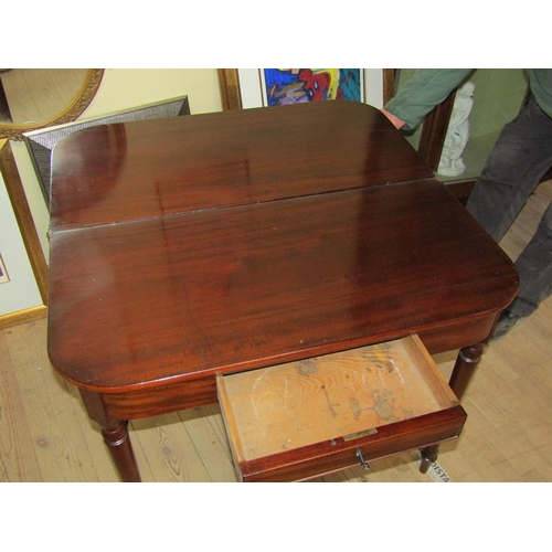 2126 - 19c MAHOGANY FOLD OVER TEA TABLE WITH ROUNDED CORNERS HAVING ONE FRIEZE DRAWER AND SUPPORTED ON CIRC... 