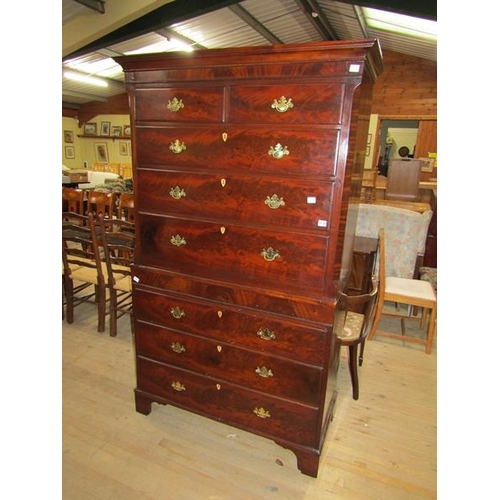 2130 - GEORGE III MAHOGANY CHEST ON CHEST - UPPER SECTION UNDER A MOULDED CORNICE HAVING TWO SHORT AND THRE... 