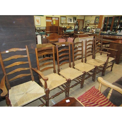 2132 - SET OF SIX OAK AND ELM RUSH SEAT LADDERBACK CHAIRS 102cms H