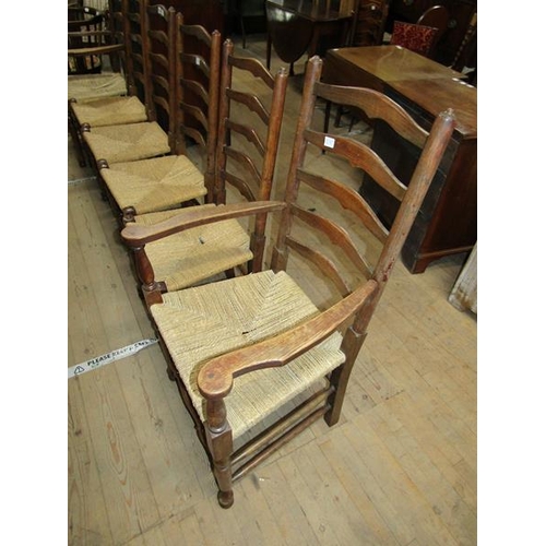 2132 - SET OF SIX OAK AND ELM RUSH SEAT LADDERBACK CHAIRS 102cms H