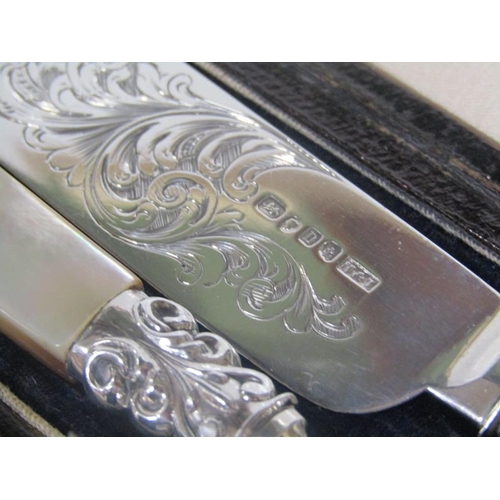 1908 - PAIR OF DESSERT SERVING KNIFE AND FORK WITH SILVER BLADE AND PRONGS, IN PRESENTATION BOX