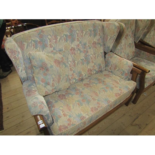 2144 - ERCOL SHOW FRAMED AND UPHOLSTERED 3 PIECE SUITE COMPRISING TWO SEATER SOFA AND TWO ARMCHAIRS ALL WIN... 