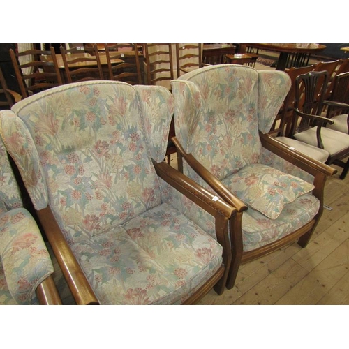 2144 - ERCOL SHOW FRAMED AND UPHOLSTERED 3 PIECE SUITE COMPRISING TWO SEATER SOFA AND TWO ARMCHAIRS ALL WIN... 