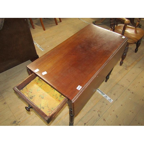 2147 - VICTORIAN MAHOGANY PEMBROKE TABLE FITTED END DRAWER SUPPORTED ON BALUSTER RING TURNED LEGS 88 x 73cm... 