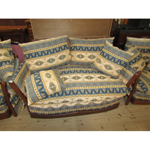 2149 - WOODEN FRAMED UPHOLSTERED 3 PIECE SUITE COMPRISING TWO SEATER SOFA AND TWO ARMCHAIRS WITH LOOSE CUSH... 