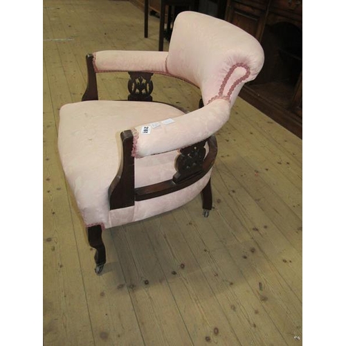 2161 - LATE VICTORIAN UPHOLSTERED LOW ARMCHAIR ON CASTERS 103cms H