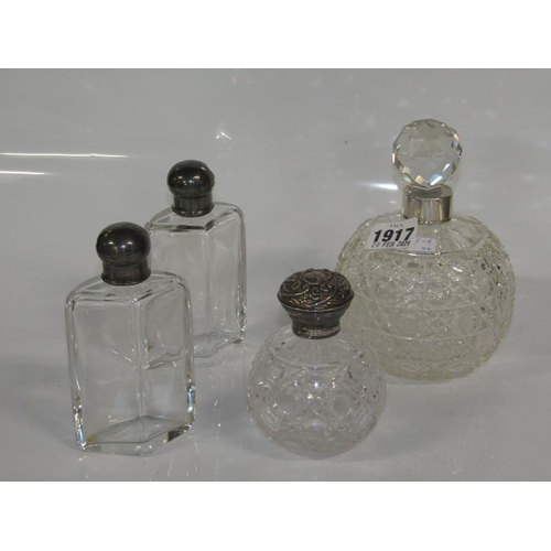 1917 - FOUR SCENT BOTTLES, TWO SPHERICAL SILVER MOUNTS AND COVERS