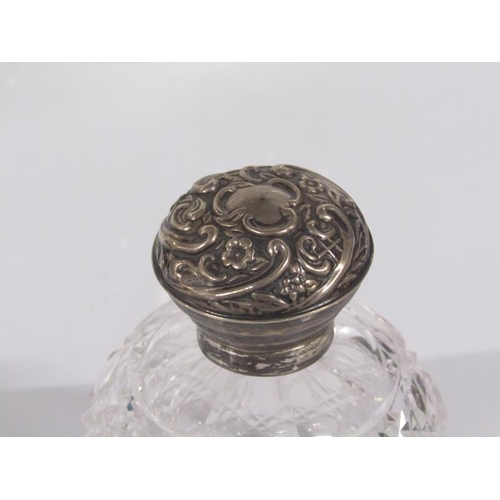 1917 - FOUR SCENT BOTTLES, TWO SPHERICAL SILVER MOUNTS AND COVERS