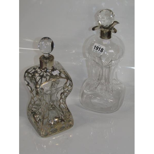 1918 - TWO SILVER MOUNTED CLEAR GLASS GLUG GLUG DECANTERS