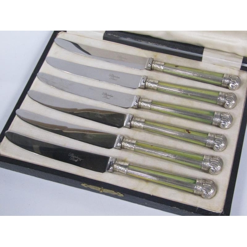 1919 - BOX OF IVORY AND SILVER TEA KNIVES CASED 1908