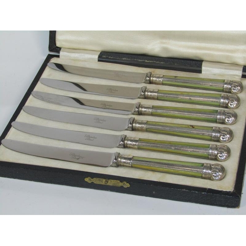 1919 - BOX OF IVORY AND SILVER TEA KNIVES CASED 1908