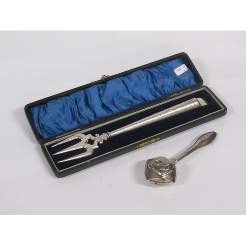 1934 - CASED BREAD FORK 1898 TOGETHER WITH SILVER BABIES RATTLE