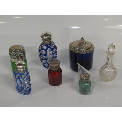 1938 - SIX VICTORIAN SCENT BOTTLES AND BLUE GLASS POT