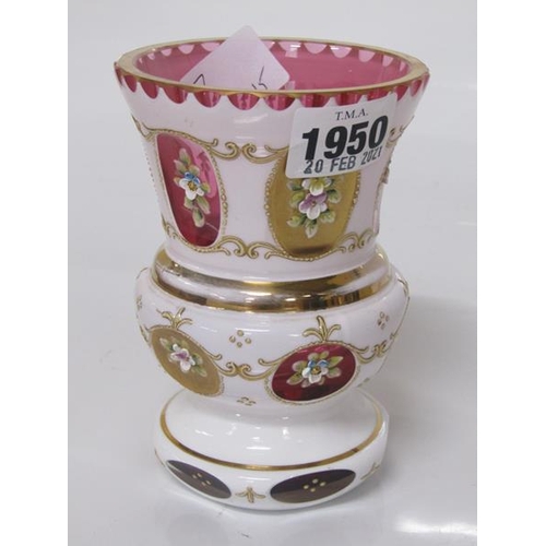 1950 - 19C BOHEMIAN OPAQUE WHITE CUT TO CRANBERRY VASE WITH GILT DECORATON AND ENAMEL FLOWERS IN RELIEF, 13... 