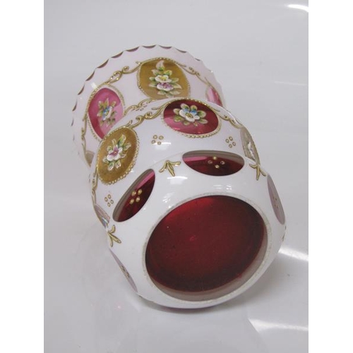 1950 - 19C BOHEMIAN OPAQUE WHITE CUT TO CRANBERRY VASE WITH GILT DECORATON AND ENAMEL FLOWERS IN RELIEF, 13... 