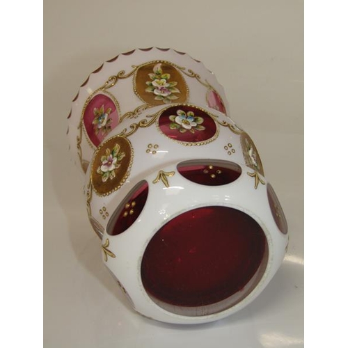 1950 - 19C BOHEMIAN OPAQUE WHITE CUT TO CRANBERRY VASE WITH GILT DECORATON AND ENAMEL FLOWERS IN RELIEF, 13... 