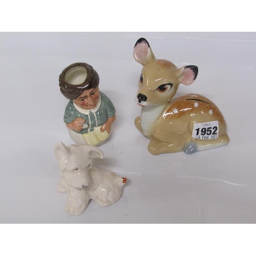 1952 - ROYAL DOULTON DOULTONVILLE TOBY JUG; BESWICK DOG; WADE BAMBI MONEY BOX, 12CM H