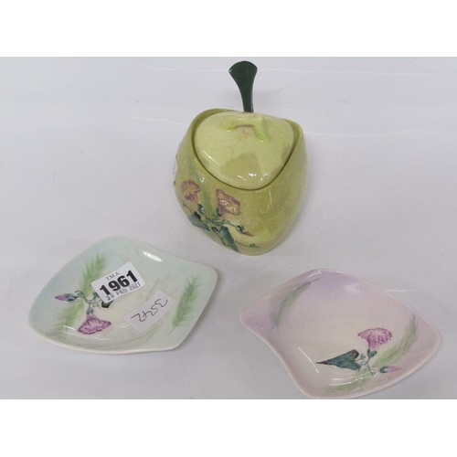 1961 - CARLTONWARE PRESERVE POT, COVER & SPOON; TWO DISHES, DISH 13CM H